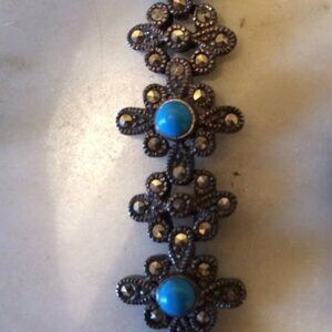 Vtg sterling 925 marcasites turquoise paste glass victorian  bracelet 22 gr.